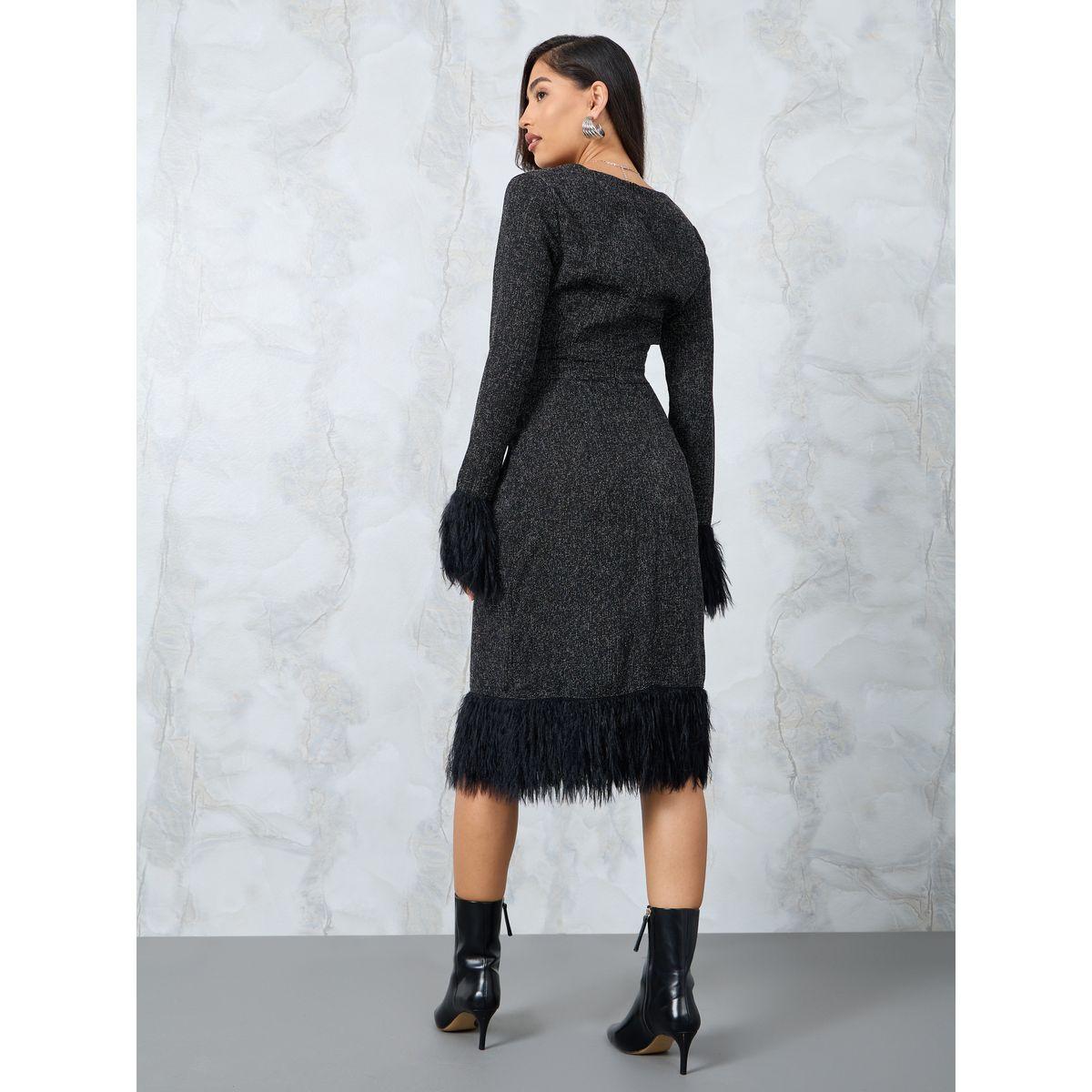 Styli Square Neck Fuzzy Cuff Sleeve Tweed Midi Dress-women-clothing-dresses-image-4