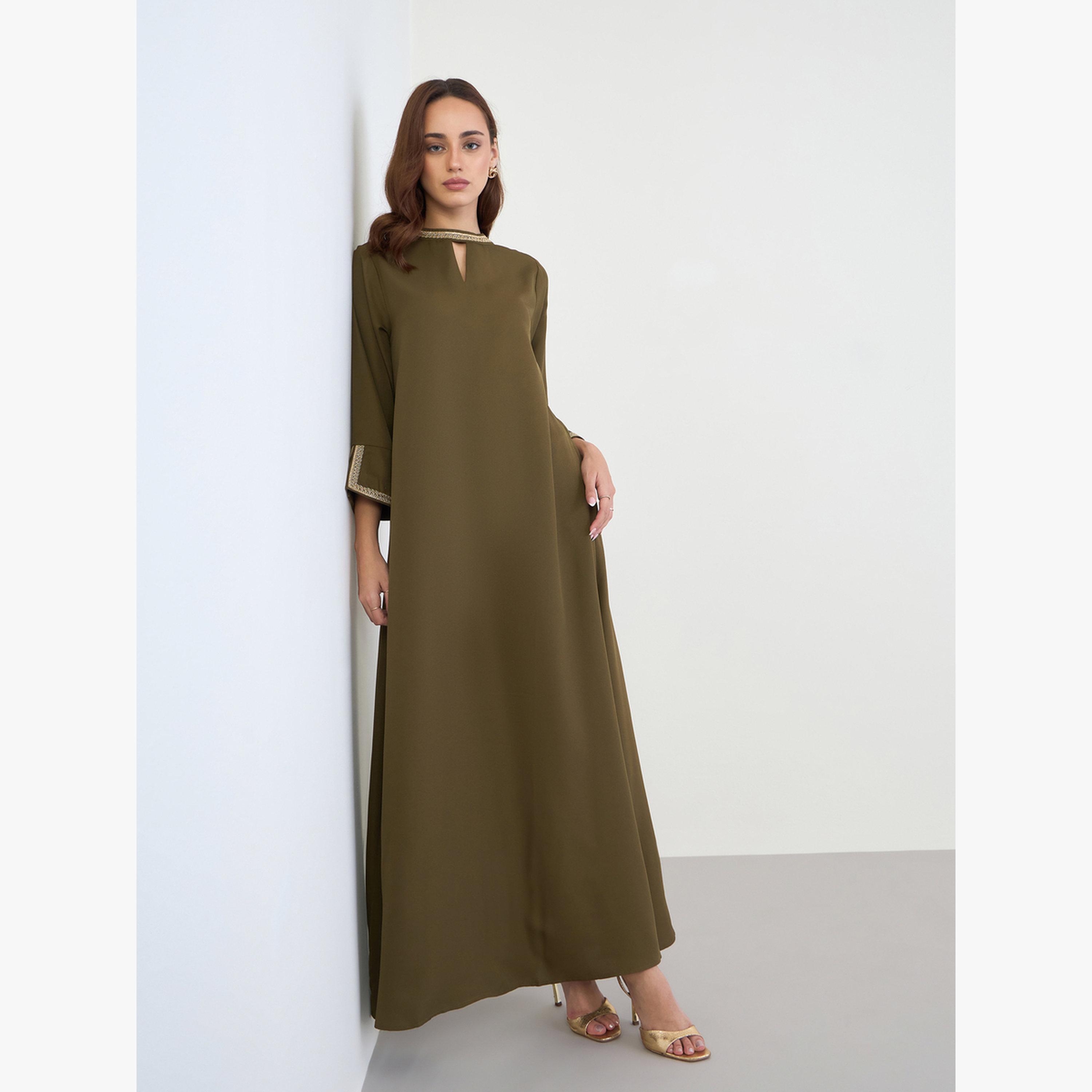 Amirah X Styli Olive Embroidered Neckline A-Line Jalabiya-women-arabicclothing-jalabiyas-image-1