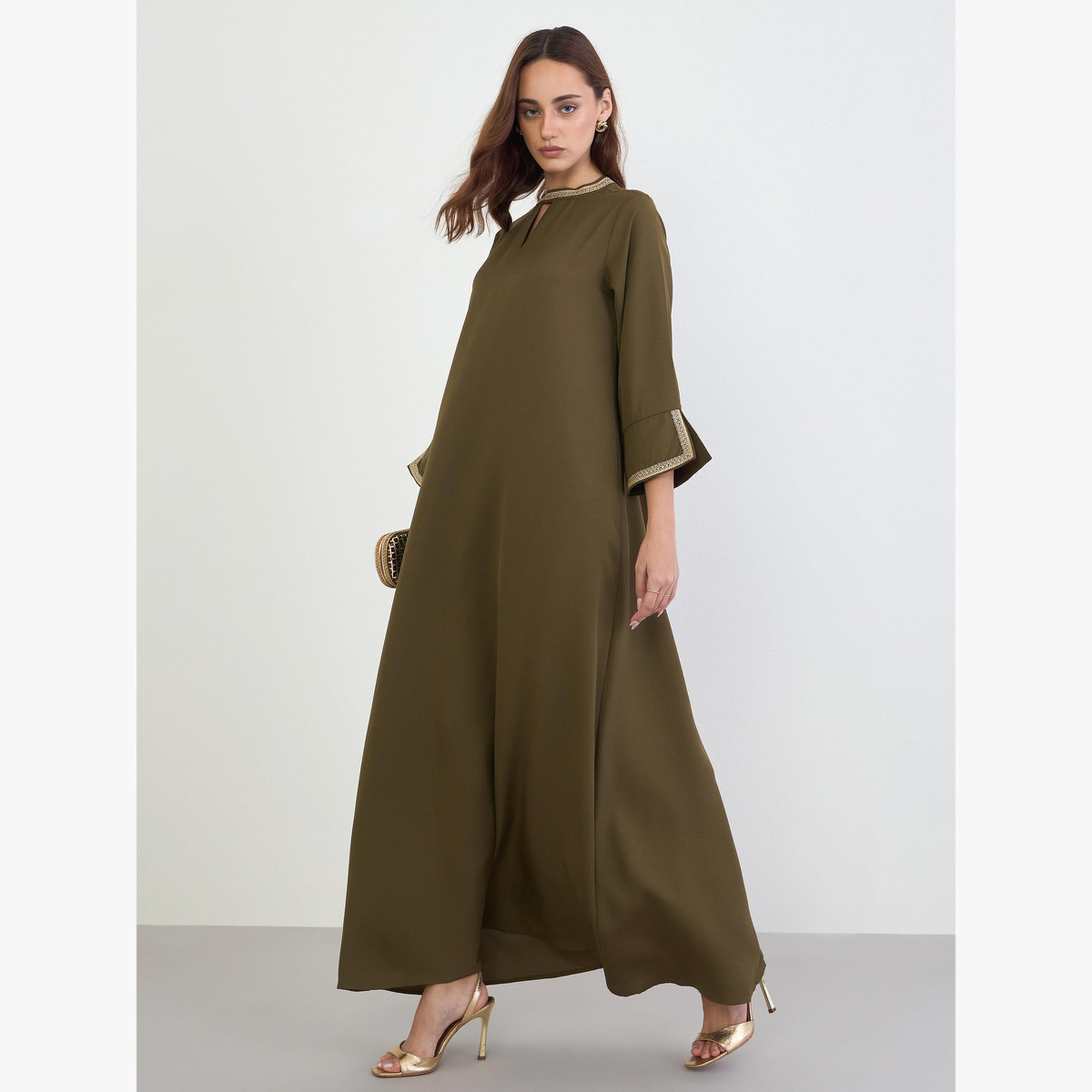 Amirah X Styli Olive Embroidered Neckline A-Line Jalabiya-women-arabicclothing-jalabiyas-image-2