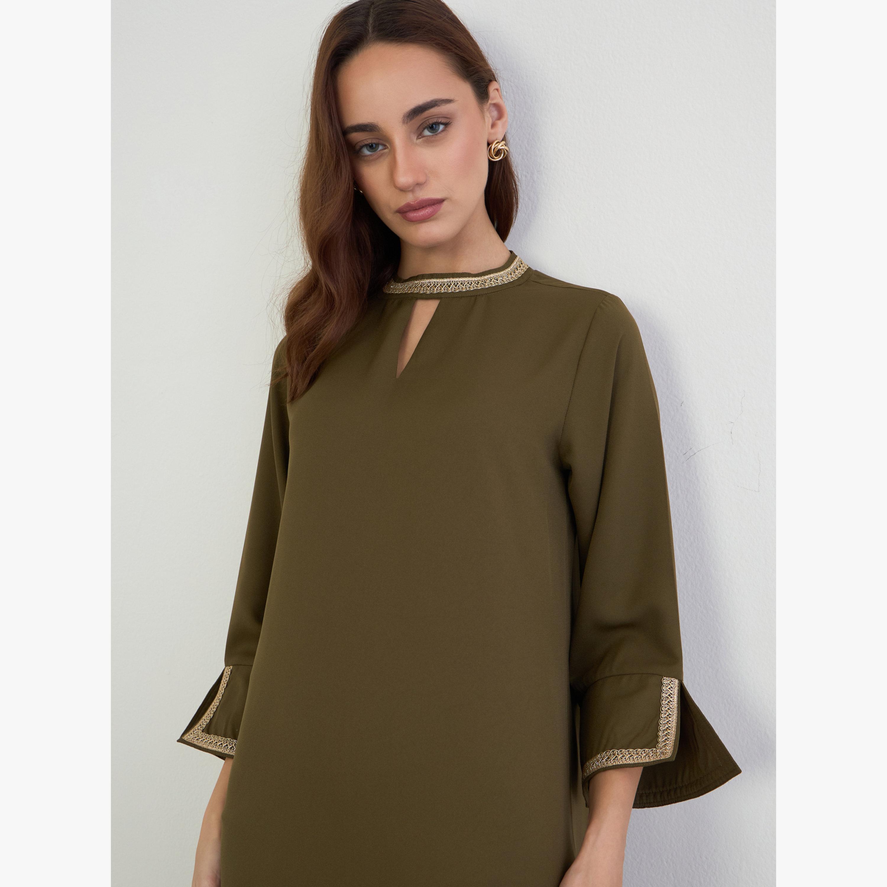 Amirah X Styli Olive Embroidered Neckline A-Line Jalabiya-women-arabicclothing-jalabiyas-image-3