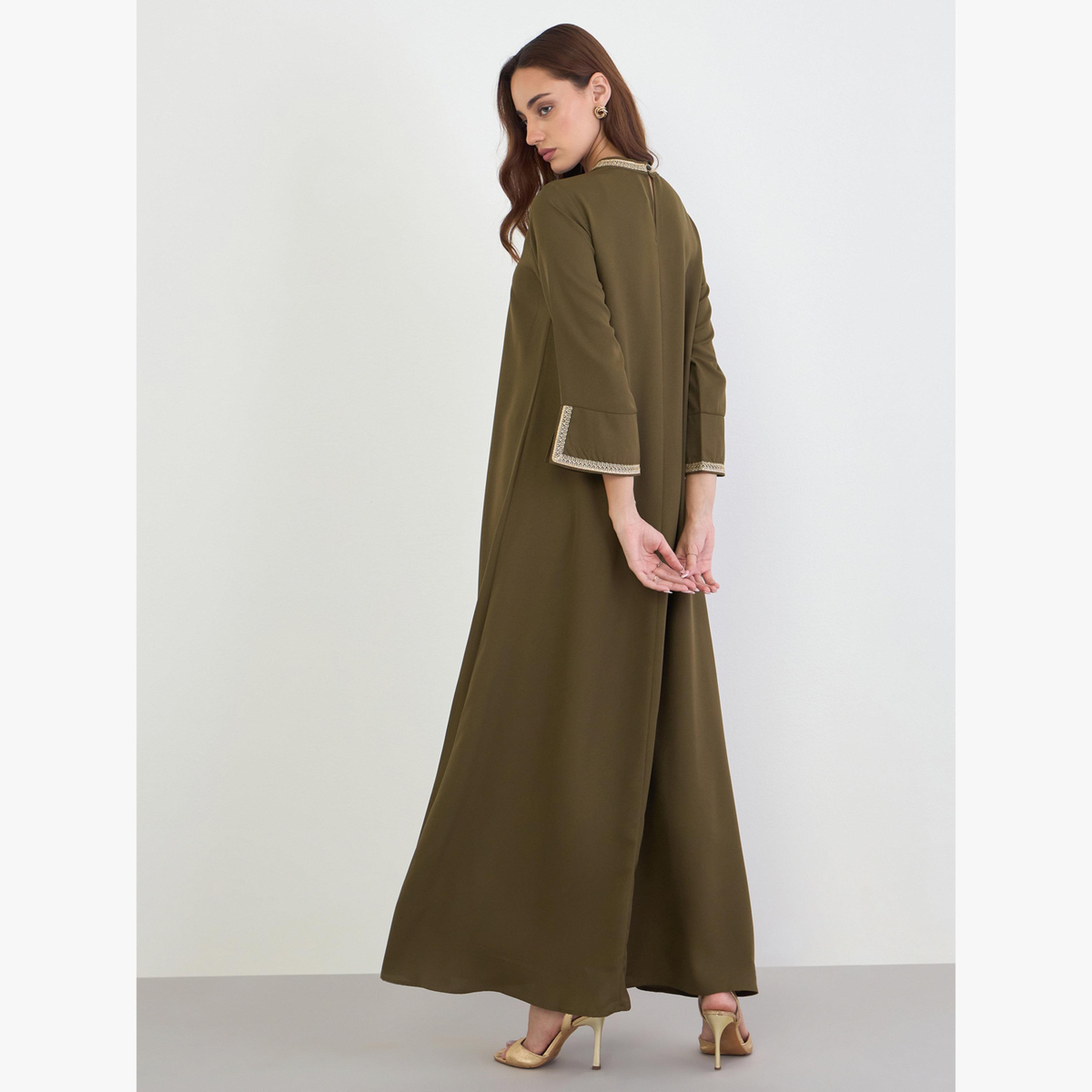 Amirah X Styli Olive Embroidered Neckline A-Line Jalabiya-women-arabicclothing-jalabiyas-image-4