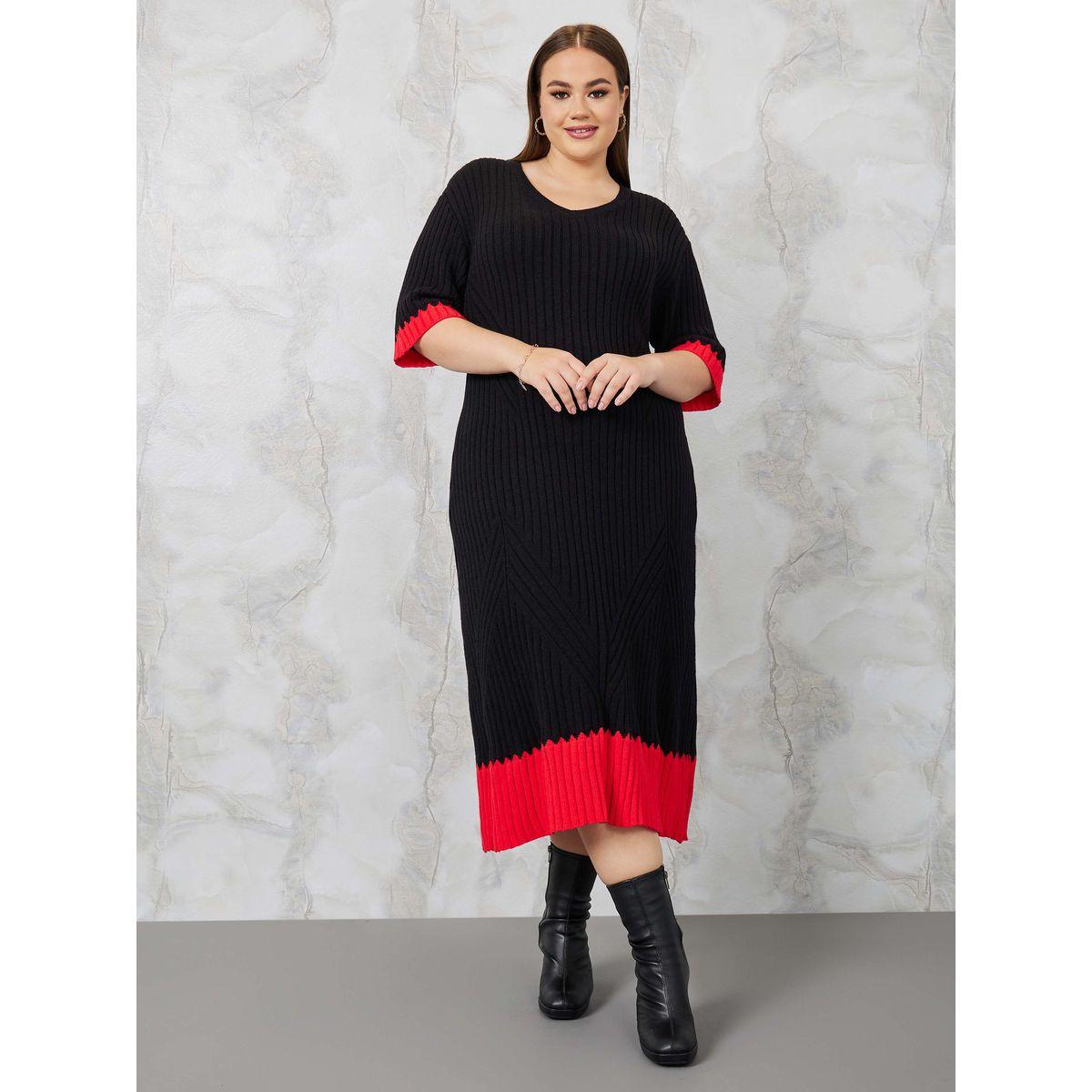 Styli Plus Contrast Trim Textured Knit Sweater Midi Dress-women-clothing-dresses-image-1
