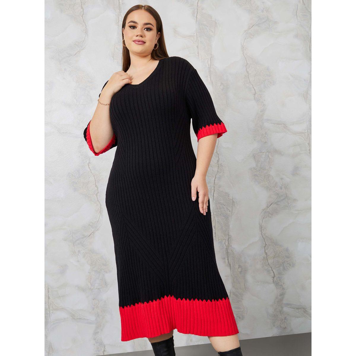 Styli Plus Contrast Trim Textured Knit Sweater Midi Dress-women-clothing-dresses-image-2