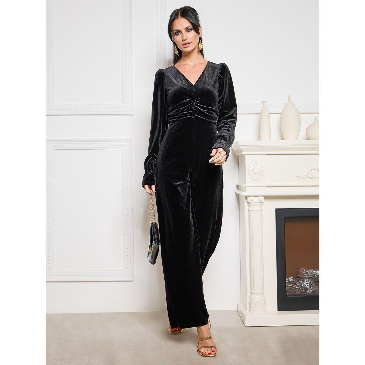 Styli Straight Leg Gathered Front Velour Jumpsuit-women-clothing-jumpsuits-image-1