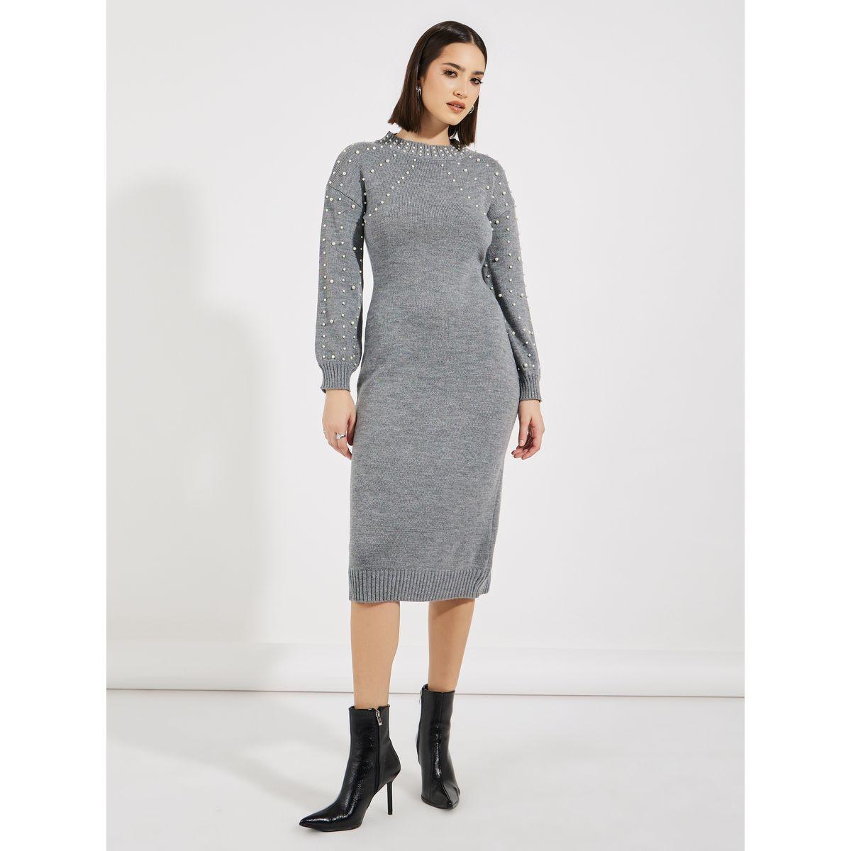 Styli Faux Pearl Studded Knit Sweater Midi Dress-women-clothing-dresses-image-1