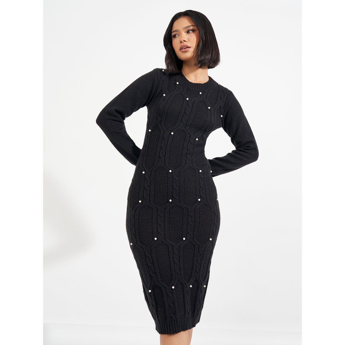 فستان ميدي بتفاصيل محبوكة مع أكمام طويلة-women-clothing-dresses-image-2