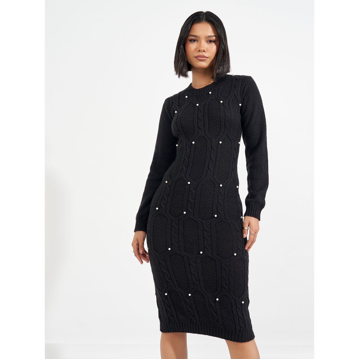 فستان ميدي بتفاصيل محبوكة مع أكمام طويلة-women-clothing-dresses-image-5