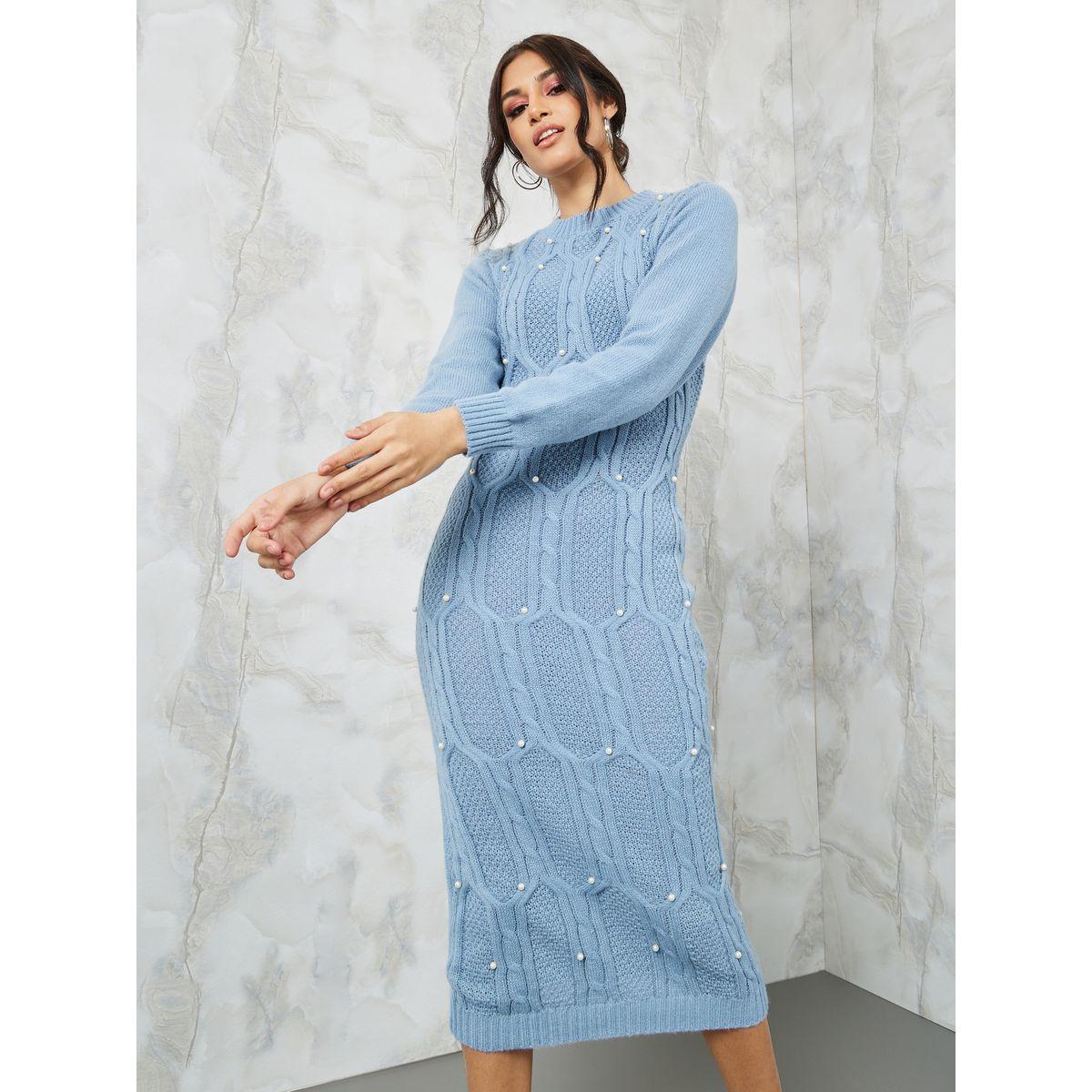 Styli Chunky Cable Knit Embellished Sweater Midi Dress-women-clothing-dresses-image-2