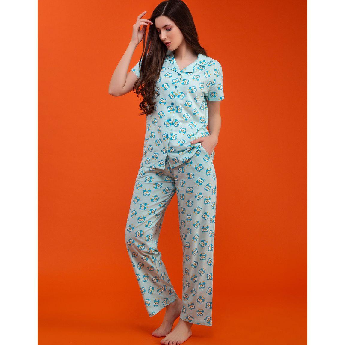 Clovia Owl Print Button Down Shirt & Pyjama Set-women-clothing-nightwear-pyjamas-longsets-image-2