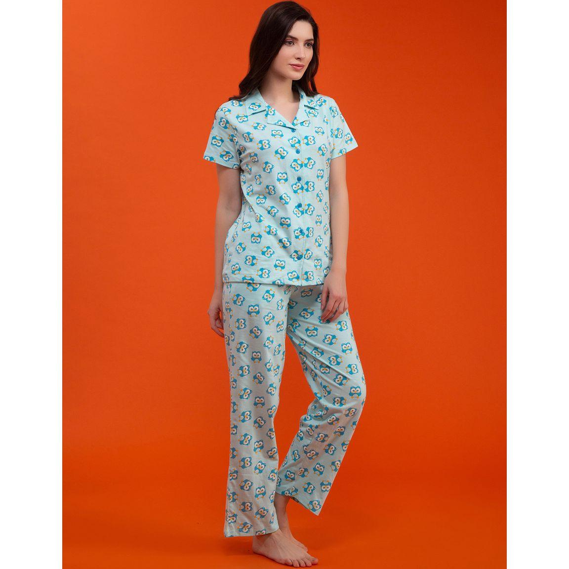 Clovia Owl Print Button Down Shirt & Pyjama Set-women-clothing-nightwear-pyjamas-longsets-image-3