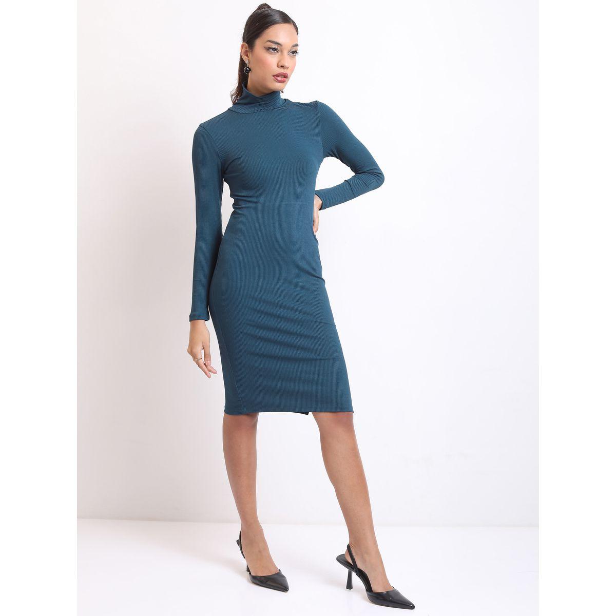 Ketch X Styli Solid High Neck Ribbed Bodycon Dress With Side Slit-women-clothing-dresses-image-5