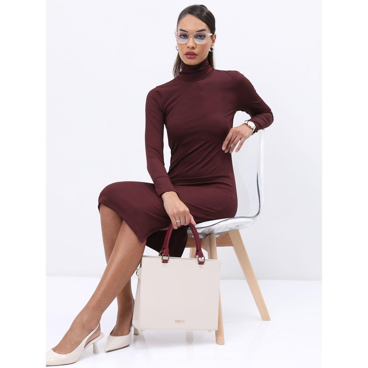 Ketch X Styli Ribbed High Neck Bodycon Knee Length Dress-women-clothing-dresses-image-2