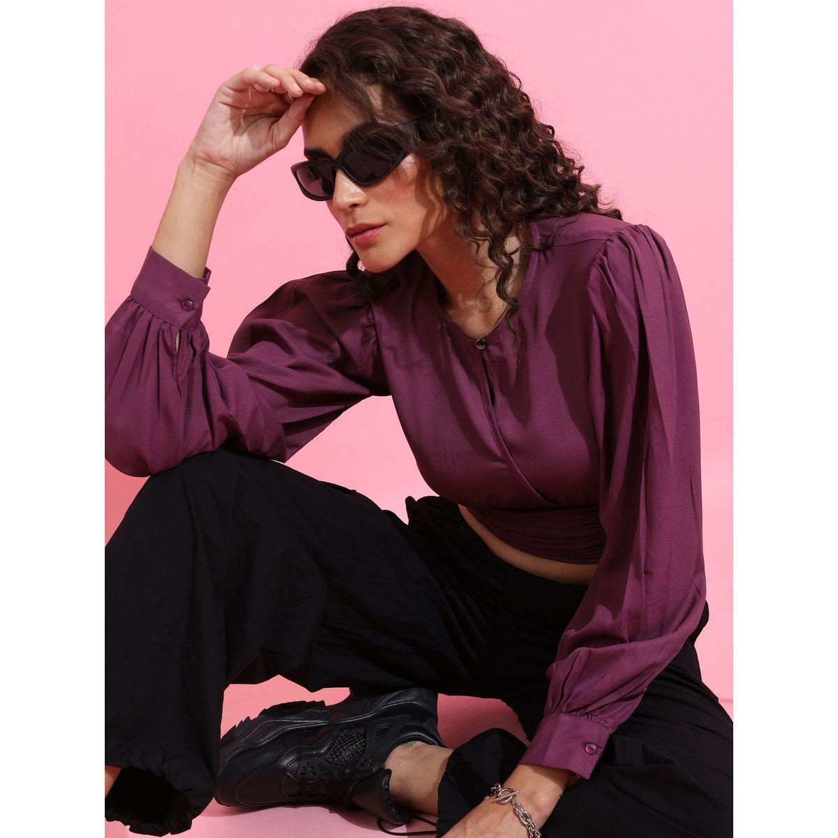 Ketch X Styli Solid Gathered Cuffed Sleeve Crop Top-women-clothing-shirtsandblouses-blouses-image-1
