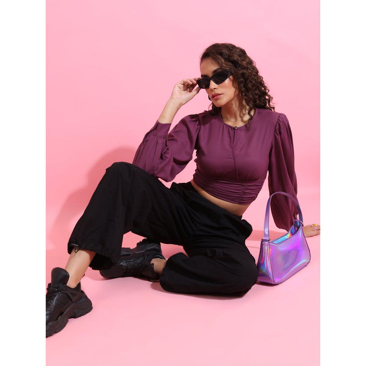 Ketch X Styli Solid Gathered Cuffed Sleeve Crop Top-women-clothing-shirtsandblouses-blouses-image-2