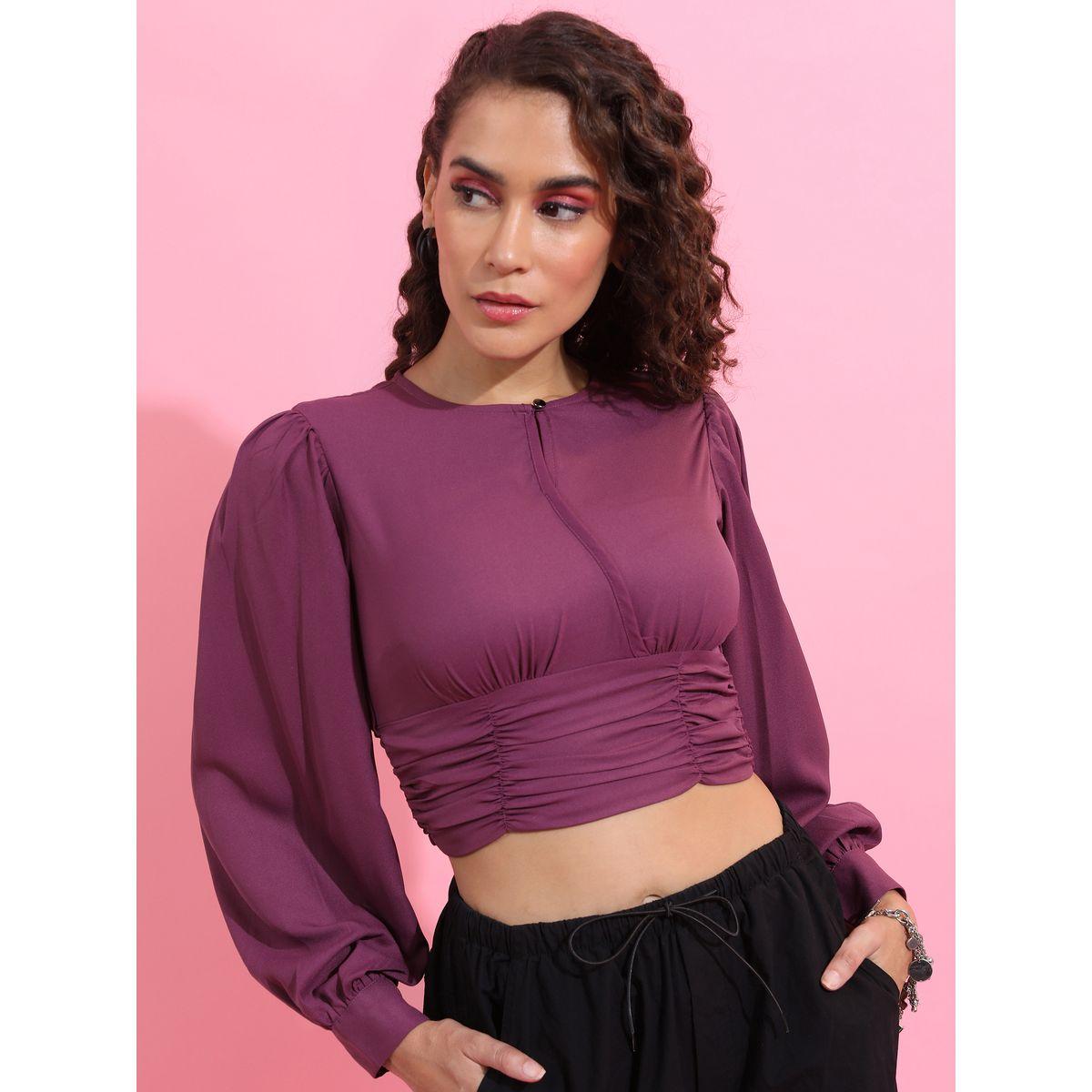 Ketch X Styli Solid Gathered Cuffed Sleeve Crop Top-women-clothing-shirtsandblouses-blouses-image-4