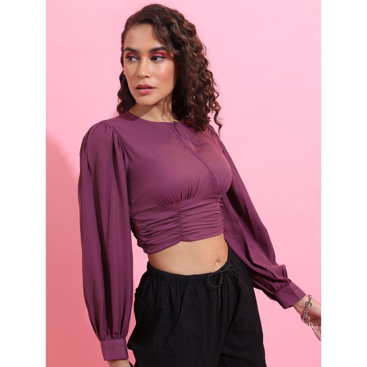 Ketch X Styli Solid Gathered Cuffed Sleeve Crop Top-women-clothing-shirtsandblouses-blouses-image-6