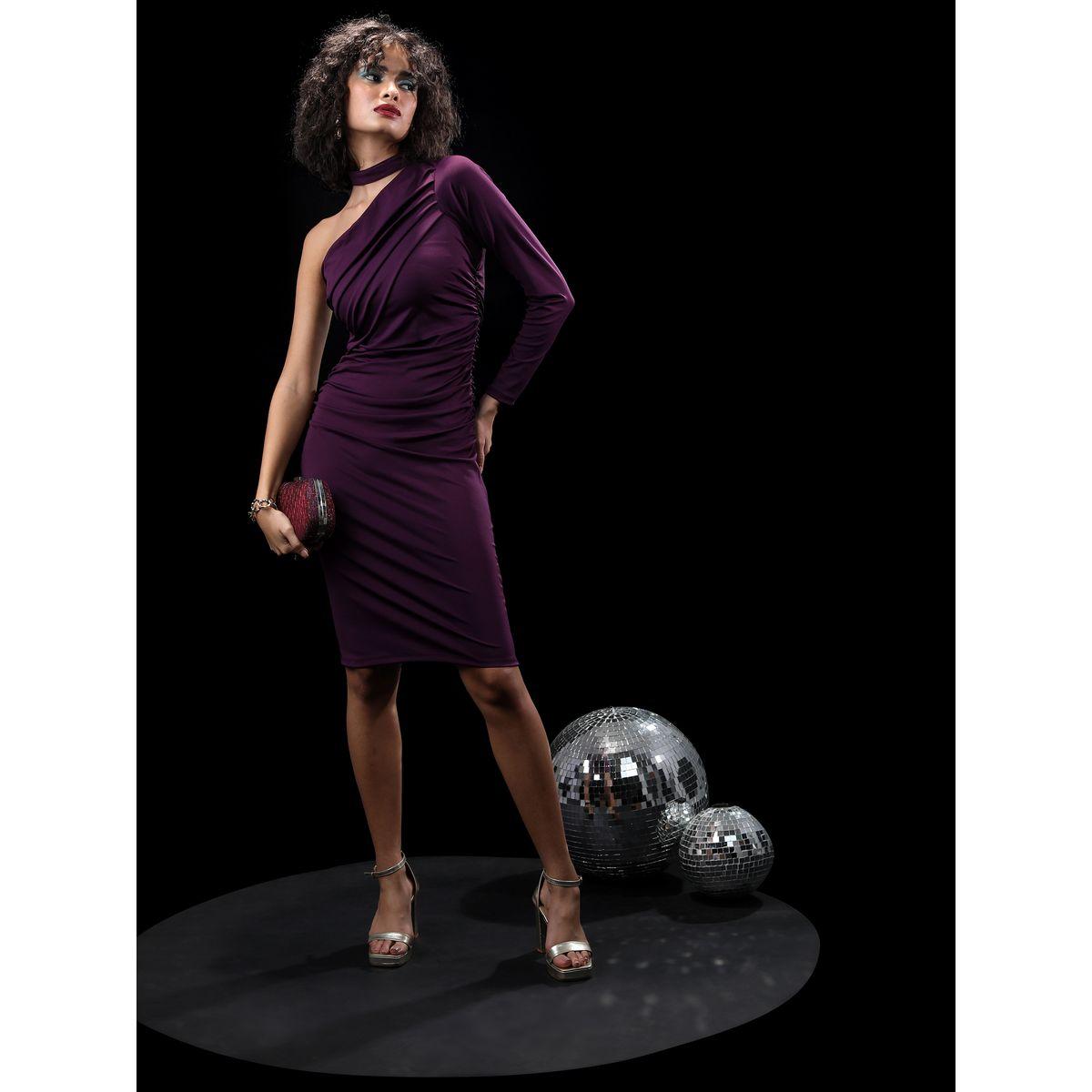 Tokyo Talkies X Styli One Shoulder Gathered Sheath Knee Length Dress-women-clothing-dresses-image-1