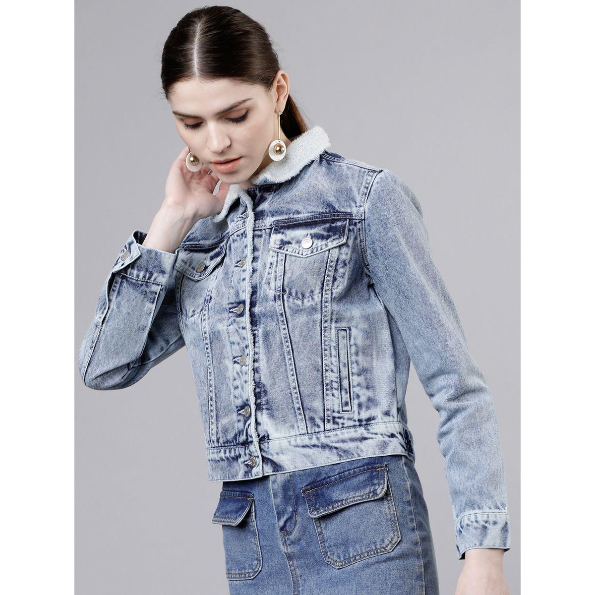 Tokyo Talkies X Styli Solid Cropped Fluffy Collar Denim Jacket-women-winterwear-coatsandjackets-jackets-image-2