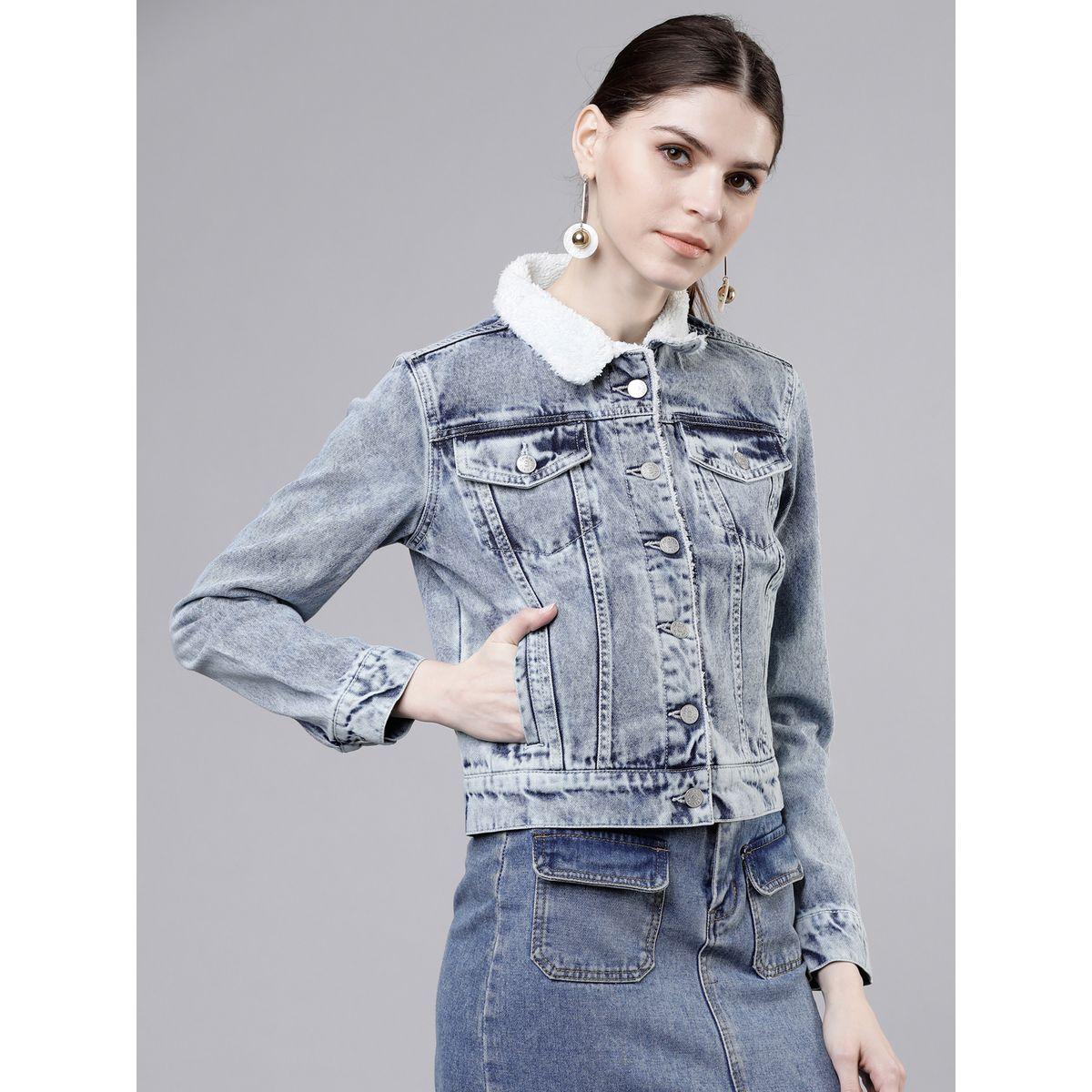 Tokyo Talkies X Styli Solid Cropped Fluffy Collar Denim Jacket-women-winterwear-coatsandjackets-jackets-image-6