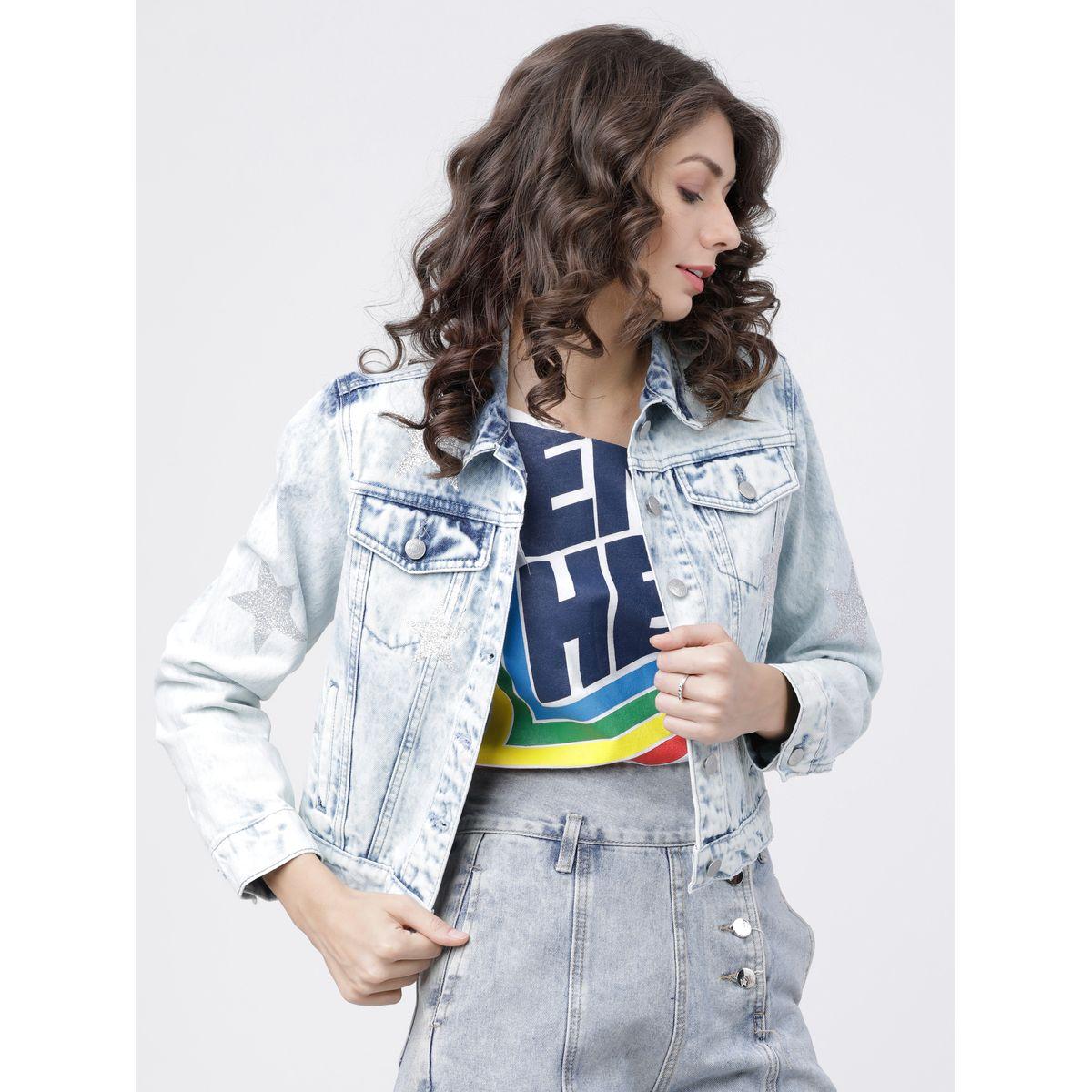 جاكيت دنيم سادة مطبع بنجمة طوكيو توكيز × ستايلي-women-winterwear-coatsandjackets-jackets-image-1