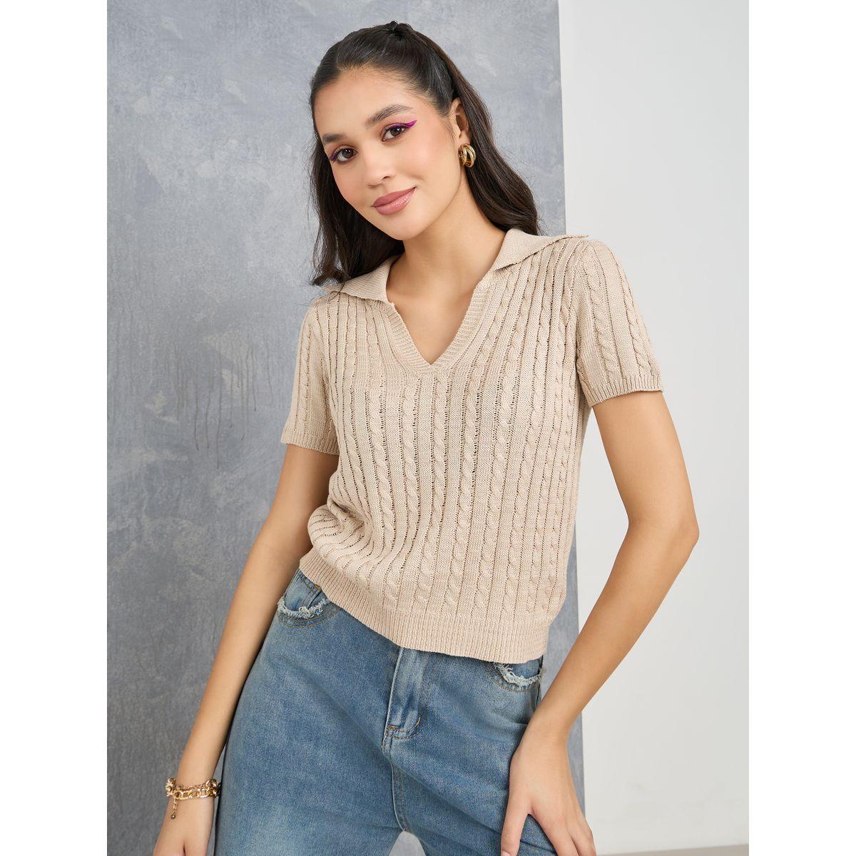 Styli Polo Neck Cable Knit Top-women-clothing-tshirts-image-1