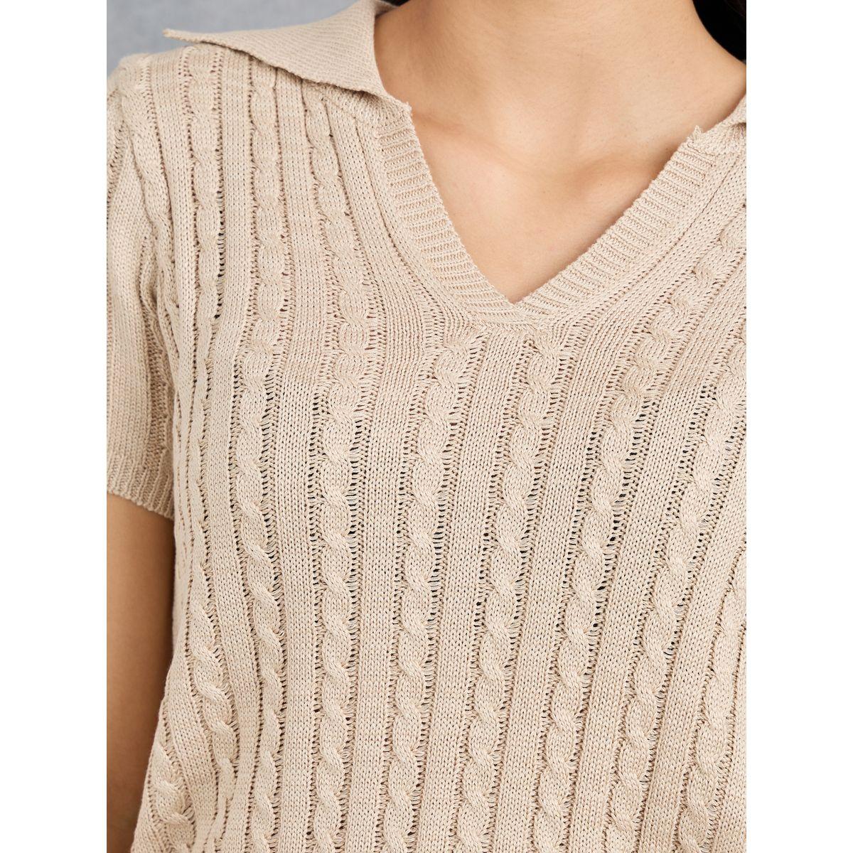 Styli Polo Neck Cable Knit Top-women-clothing-tshirts-image-3