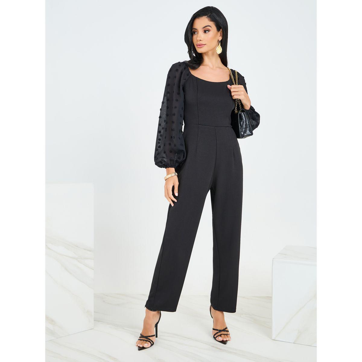 Styli Straight Leg Ponte Jumpsuit with Dobby Volume Sleeves-women-clothing-jumpsuits-image-1