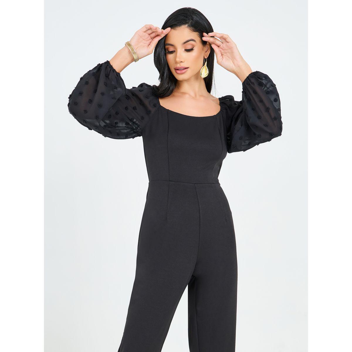 Styli Straight Leg Ponte Jumpsuit with Dobby Volume Sleeves-women-clothing-jumpsuits-image-2