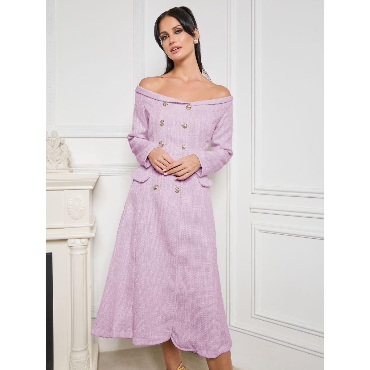 Styli Limited Off Shoulder Button and Flap Pocket Detail Midi Dress-women-clothing-dresses-image-1