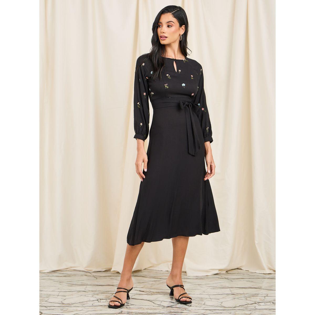 Styli Limited Embroidered Self Tie Up A-Line Midi Dress-women-clothing-dresses-image-1