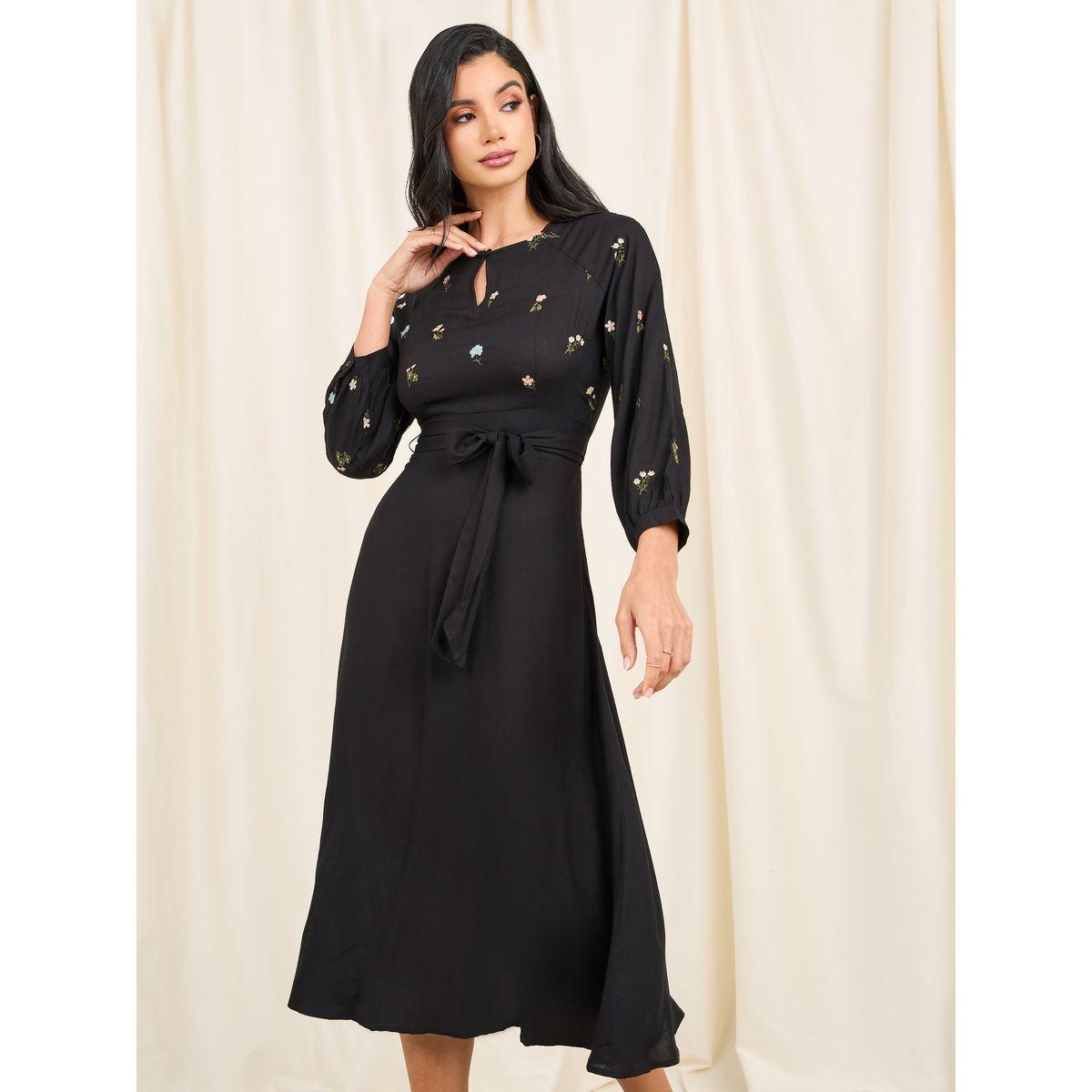 Styli Limited Embroidered Self Tie Up A-Line Midi Dress-women-clothing-dresses-image-2