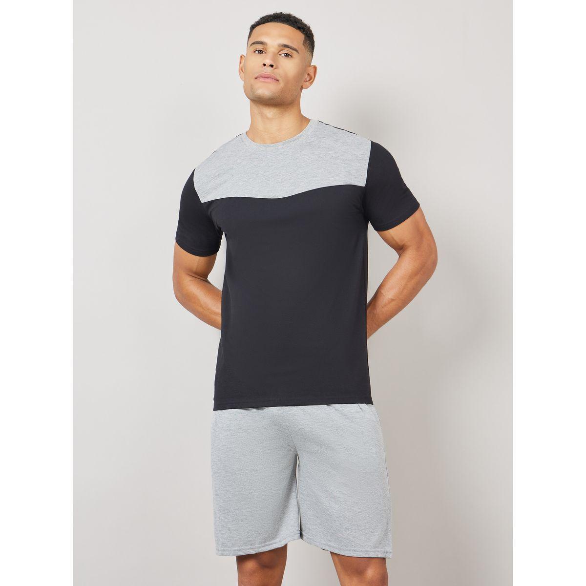 ستيلي أونليند من قميص ميلانج بلون بلوك وشورت بخيط صلب-men-clothing-nightwear-sets-image-2