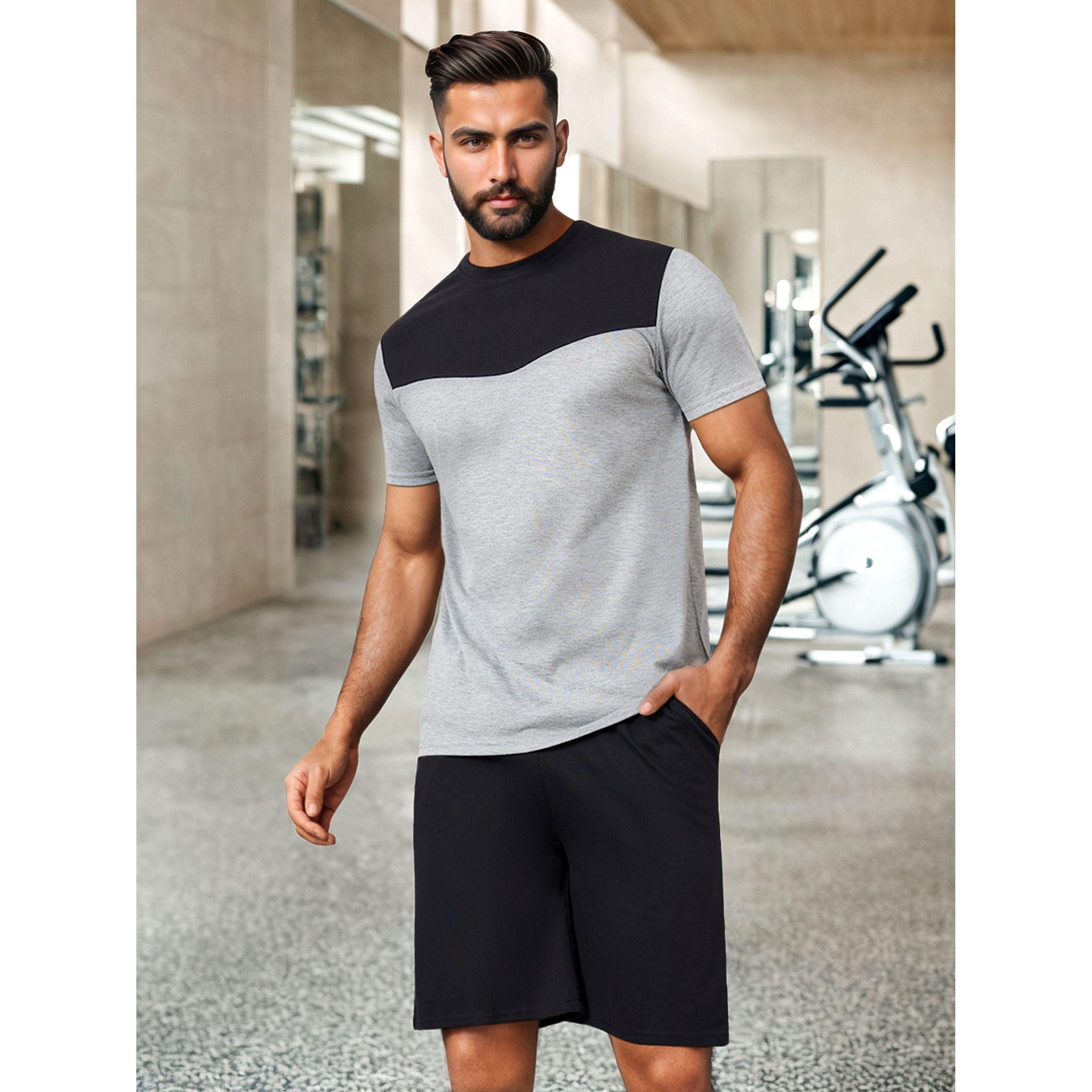 Styli Unwind Colorblock Melange T-Shirt & Solid Drawstring Shorts Set-men-clothing-nightwear-sets-image-1