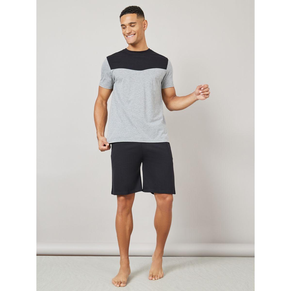Styli Unwind Colorblock Melange T-Shirt & Solid Drawstring Shorts Set-men-clothing-nightwear-sets-image-2