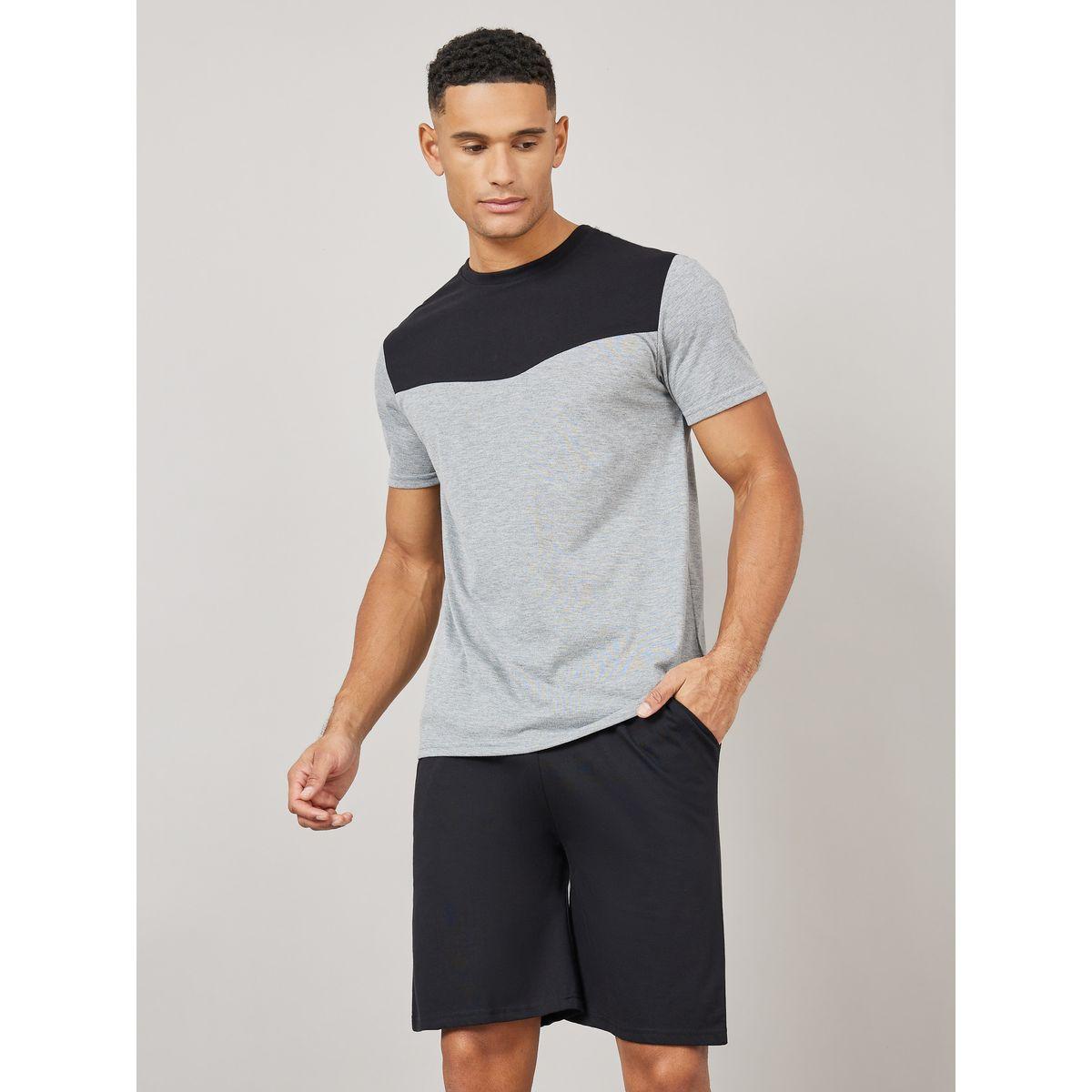 Styli Unwind Colorblock Melange T-Shirt & Solid Drawstring Shorts Set-men-clothing-nightwear-sets-image-3