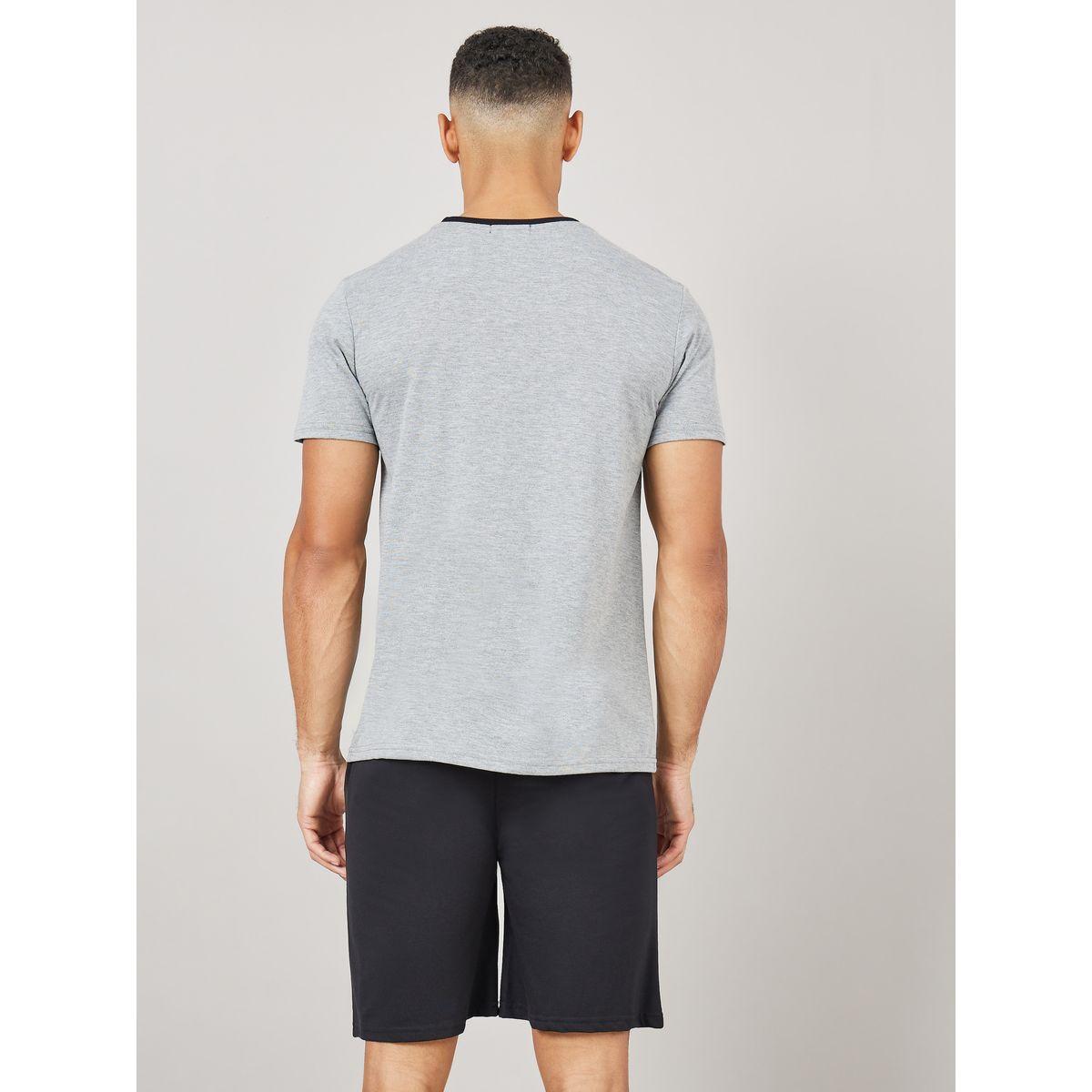 Styli Unwind Colorblock Melange T-Shirt & Solid Drawstring Shorts Set-men-clothing-nightwear-sets-image-6