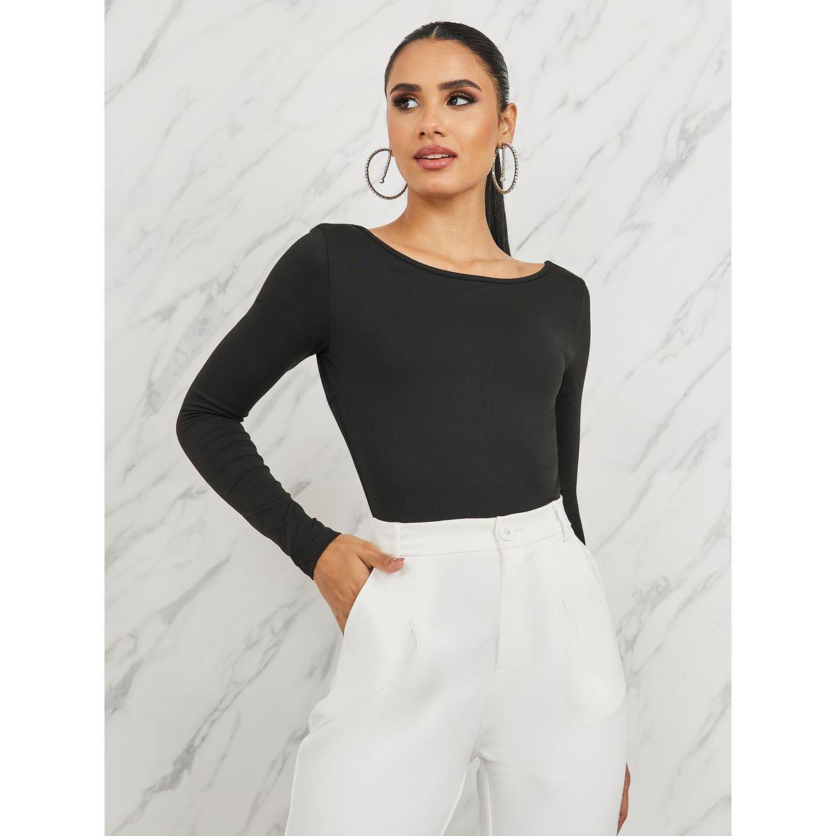 Styli Faux Rhinestone Detail Open Back Bodysuit-women-clothing-tshirts-image-2