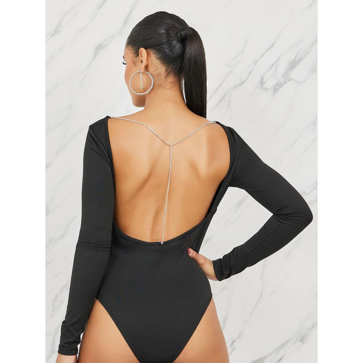 Styli Faux Rhinestone Detail Open Back Bodysuit-women-clothing-tshirts-image-6