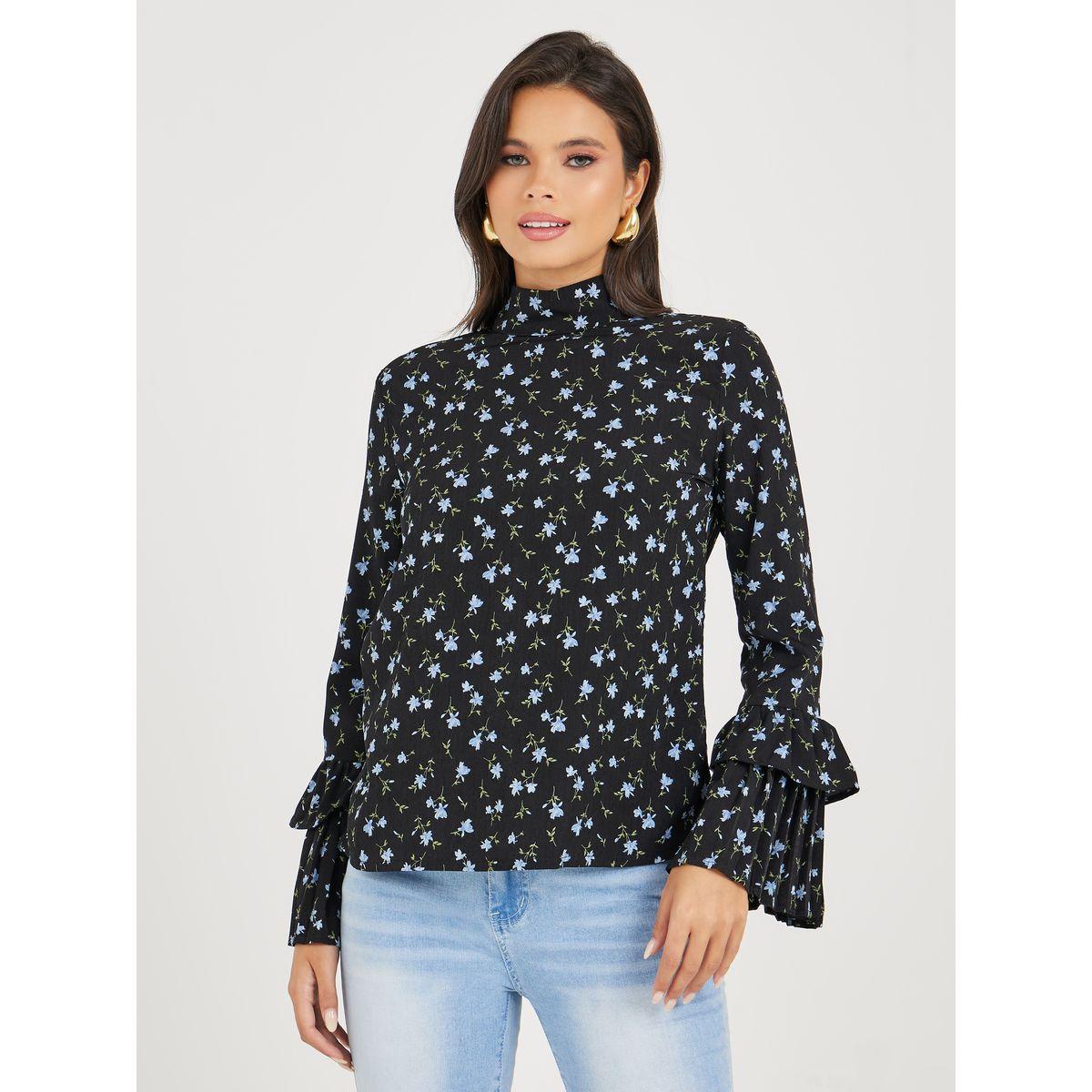 Styli Floral High Neck Blouse With Pleated Bell Sleeve-women-clothing-shirtsandblouses-blouses-image-3