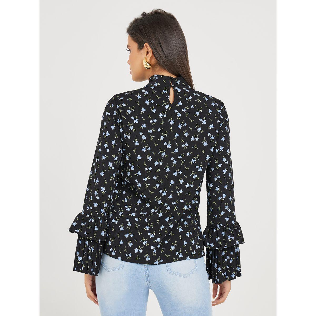Styli Floral High Neck Blouse With Pleated Bell Sleeve-women-clothing-shirtsandblouses-blouses-image-5