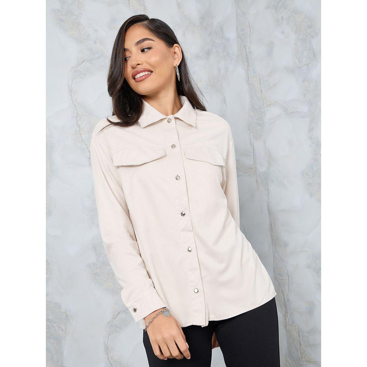 Styli Faux Suede Regular Fit Shirt with Flap Pocket-women-clothing-shirtsandblouses-shirts-image-1