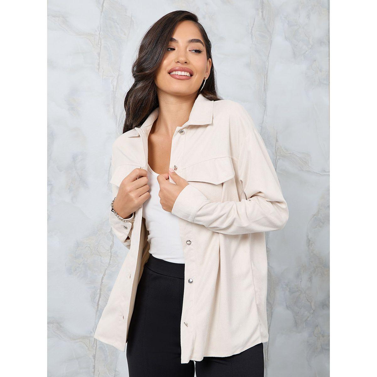 Styli Faux Suede Regular Fit Shirt with Flap Pocket-women-clothing-shirtsandblouses-shirts-image-3