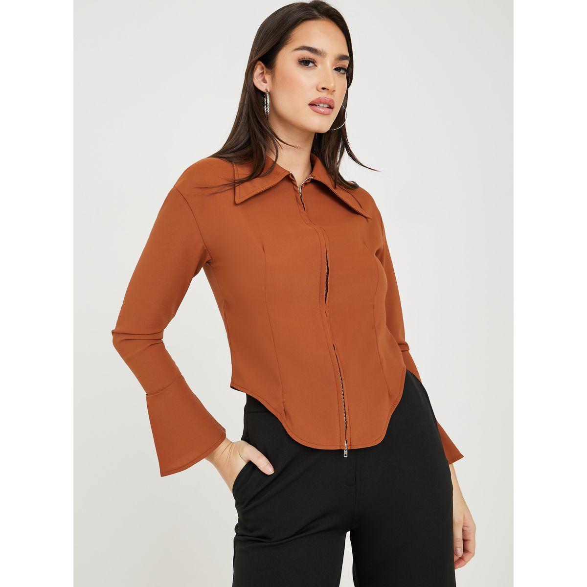 Styli Zip-Through Crop Shirt with Curved Hem-women-clothing-shirtsandblouses-shirts-image-1