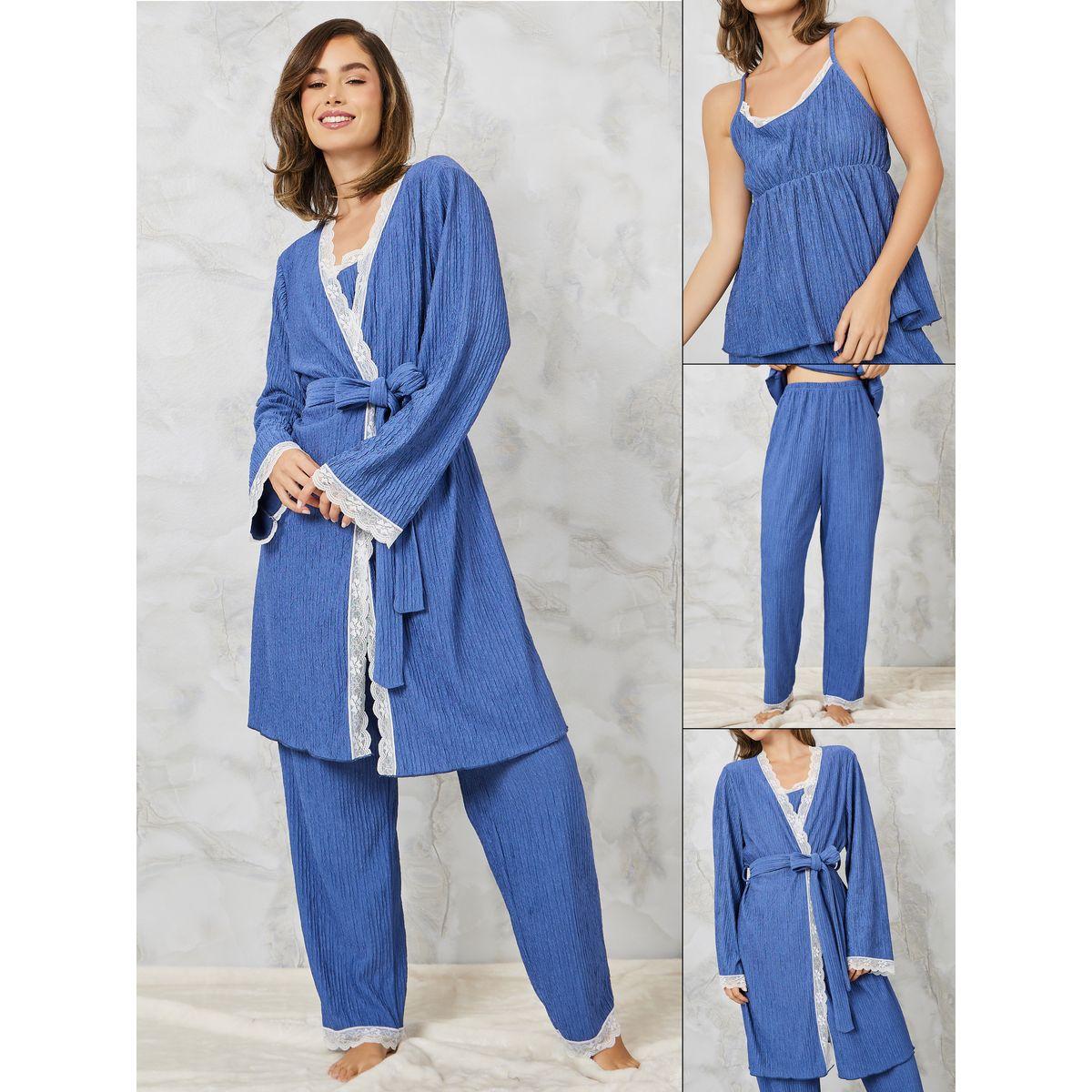Styli Unwind Pack of 3 - Textured Lace Trim Cami, Pyjama & Robe Set-women-clothing-nightwear-pyjamas-longsets-image-1