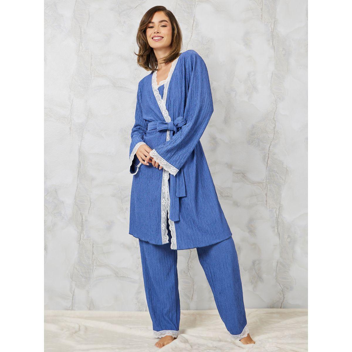 Styli Unwind Pack of 3 - Textured Lace Trim Cami, Pyjama & Robe Set-women-clothing-nightwear-pyjamas-longsets-image-2