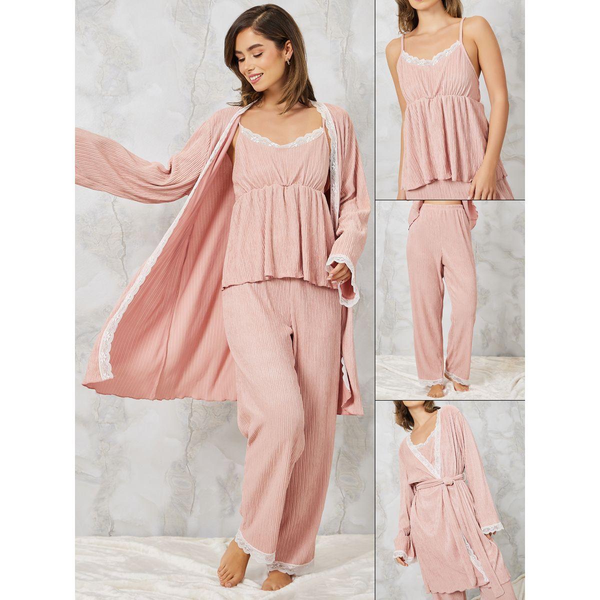 مجموعة من 3 ( روب + بنطال + بلوزة كامي )-women-clothing-nightwear-pyjamas-longsets-image-1