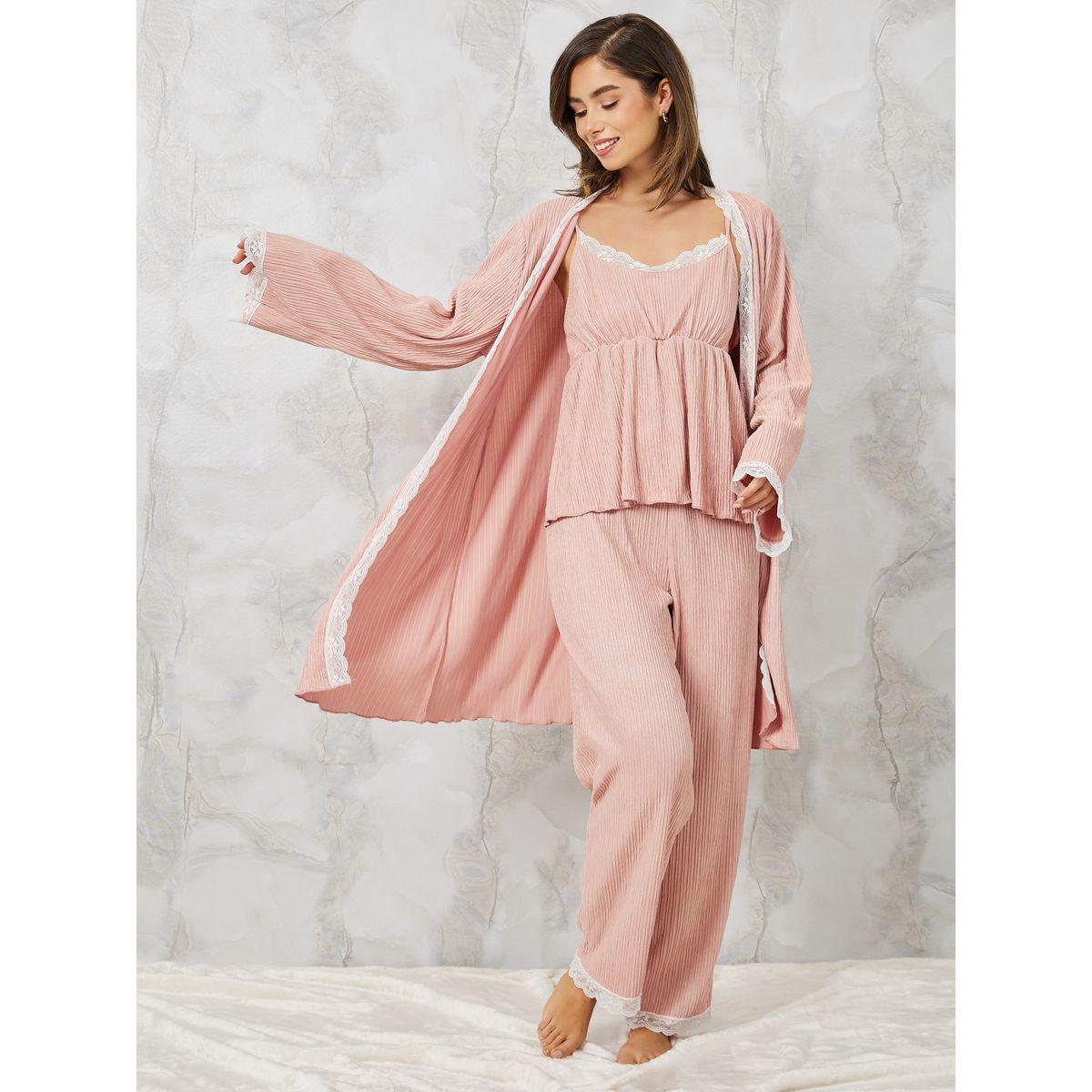 Styli Unwind Pack of 3 - Textured Lace Trim Cami, Pyjama & Robe Set-women-clothing-nightwear-pyjamas-longsets-image-2