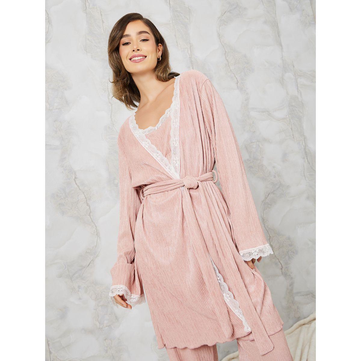 Styli Unwind Pack of 3 - Textured Lace Trim Cami, Pyjama & Robe Set-women-clothing-nightwear-pyjamas-longsets-image-3
