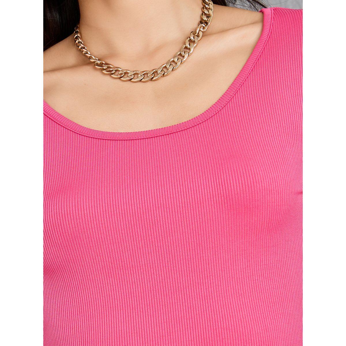 تيشيرت مضلع سادة بياقة دائرية-women-clothing-tshirts-image-2