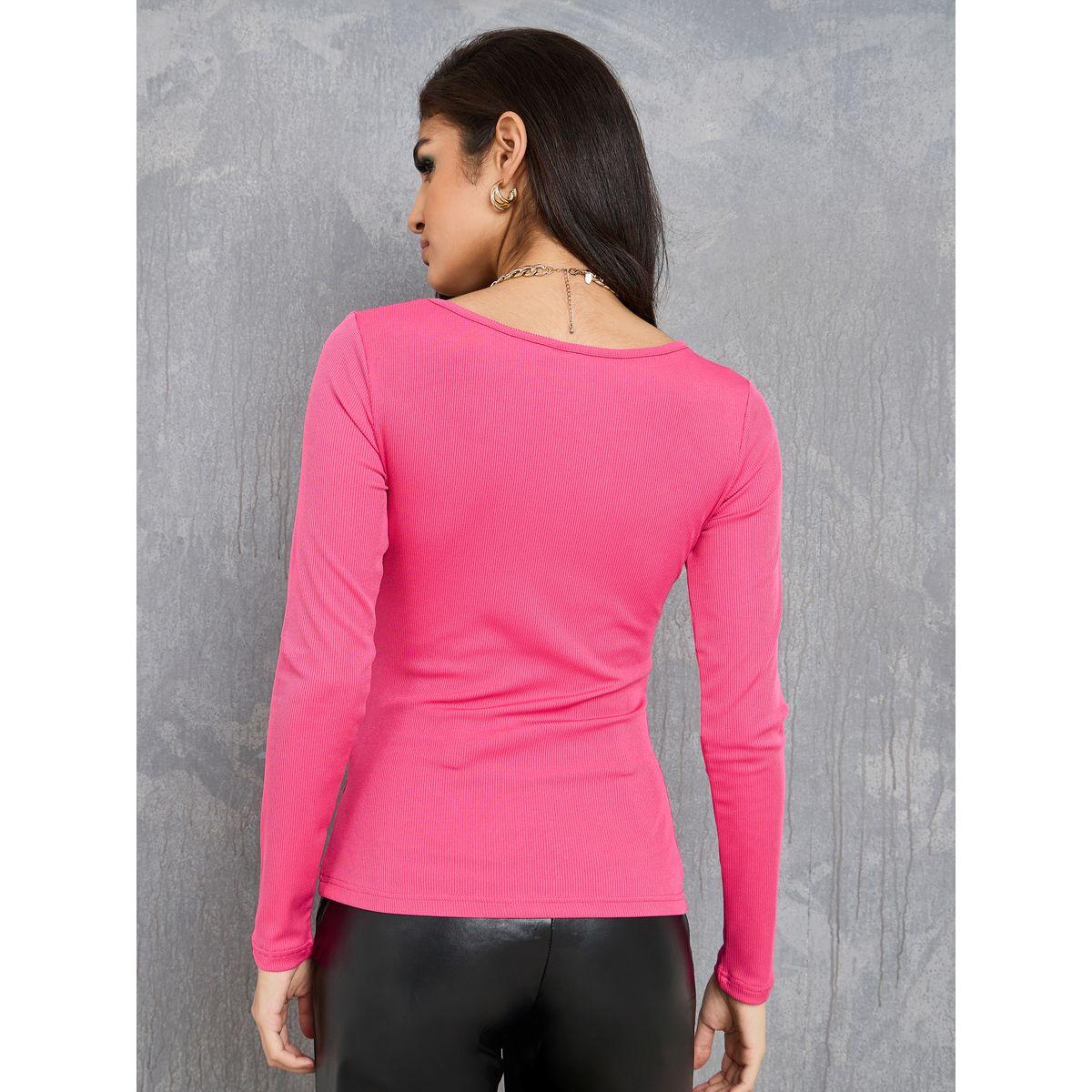 تيشيرت مضلع سادة بياقة دائرية-women-clothing-tshirts-image-1